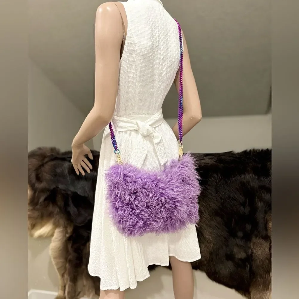 Handmade Lavender Real Curly Shearling Fashion Hobo Bag/Shoulder Bag/Crossbody